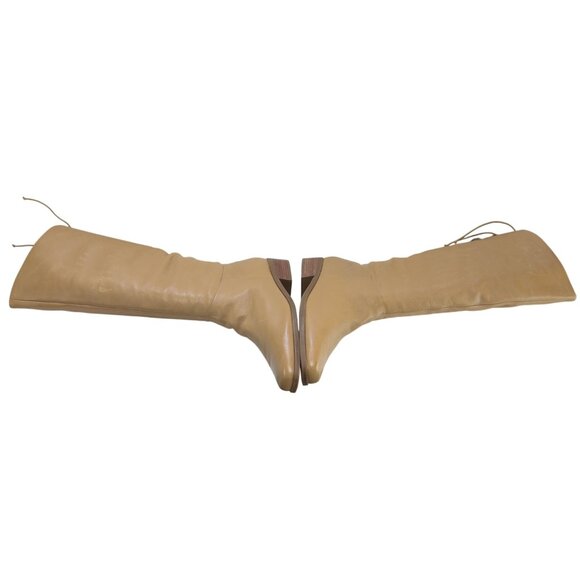 MARKON Women's Tan Leather Knee-High Boots Lace-Up Back Low Heel Size - Picture 4 of 11